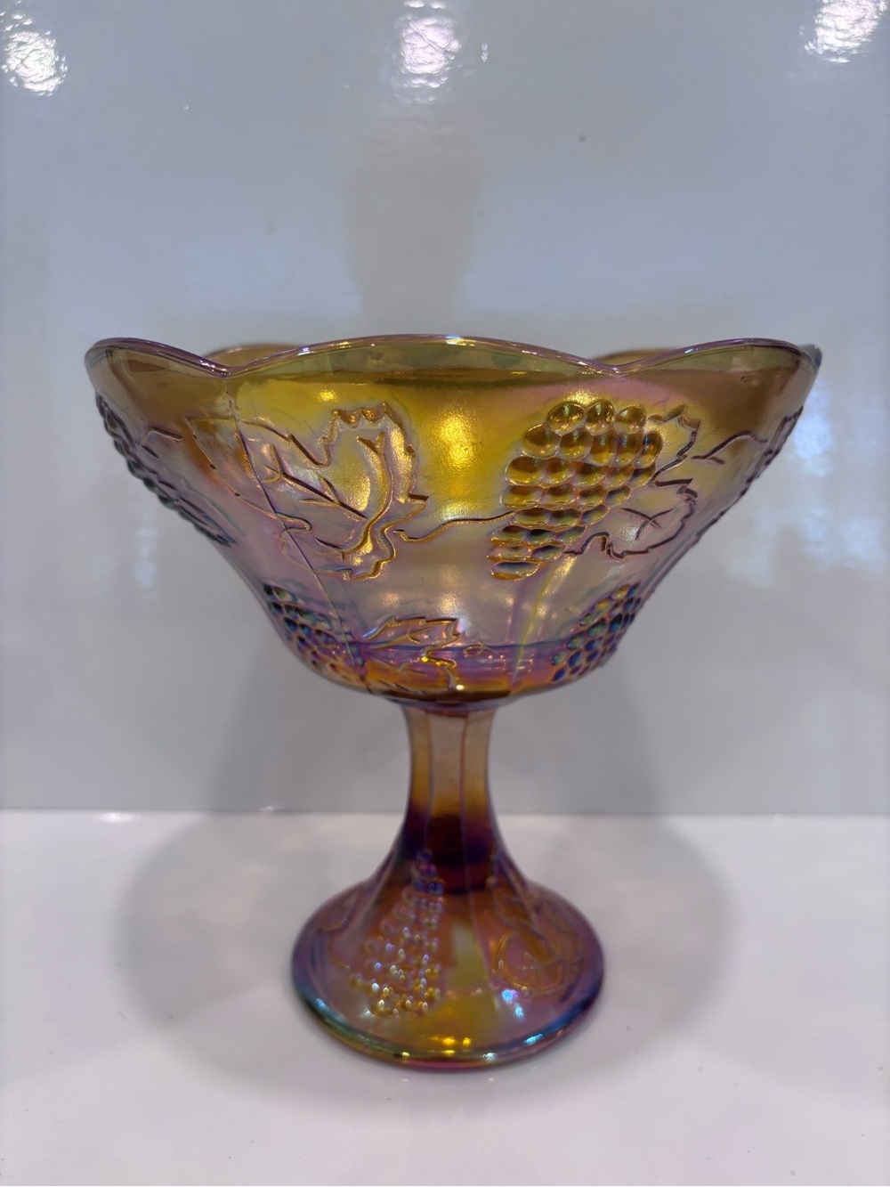 Vintage Marigold Carnival Glass Grape Vine Pedestal Compote Fruit Bowl
